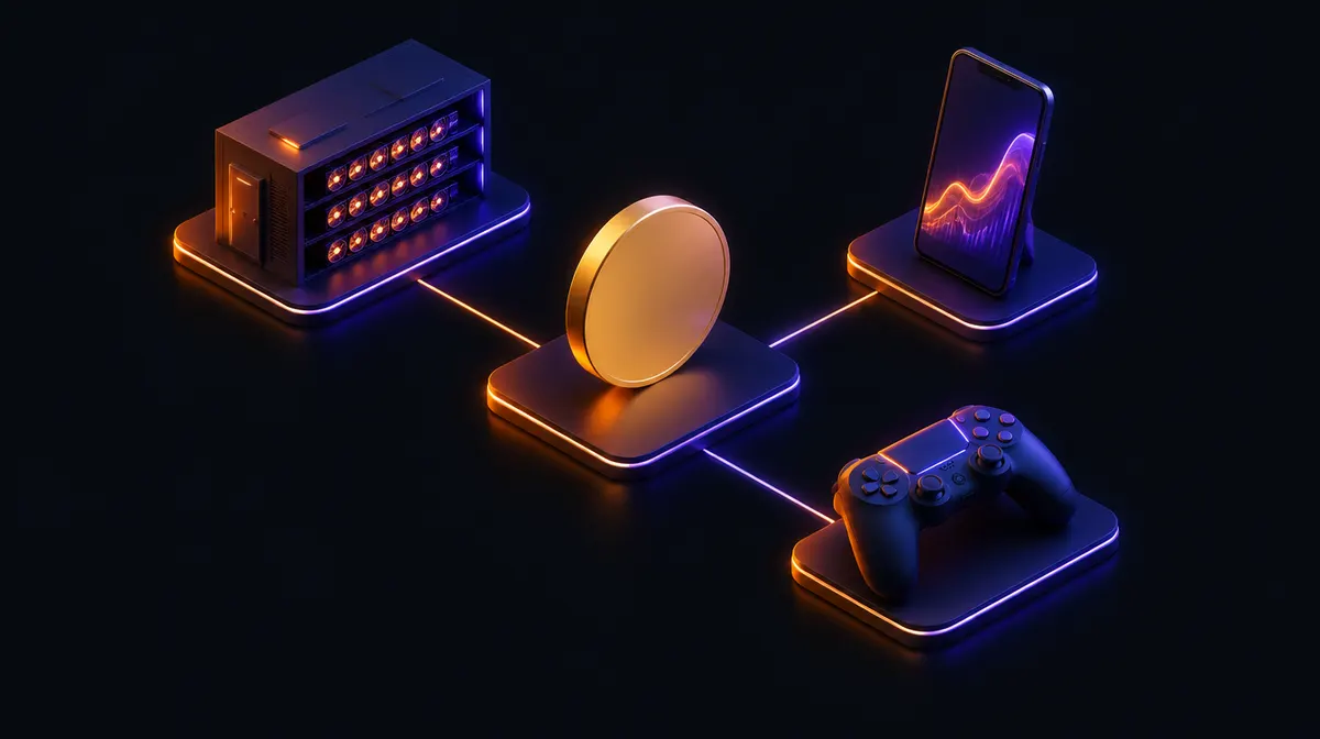 Mappa di un ecosistema: un data center di miner, una moneta, uno smartphone con un grafico e un controller da gioco, collegati da linee luminose