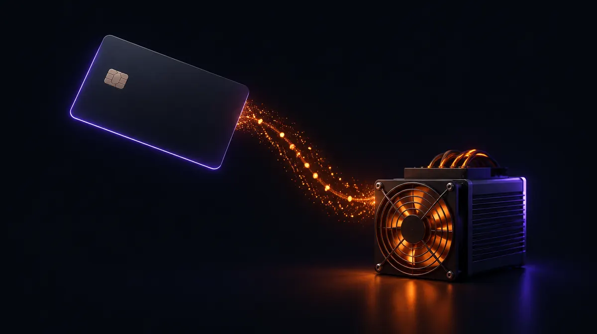 Una carta di pagamento scura senza scritte da cui parte un flusso di particelle arancioni verso un miner ASIC