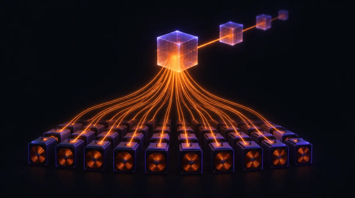 Flussi di luce arancione che partono da file di miner ASIC e convergono in un blocco collegato a una catena di blocchi