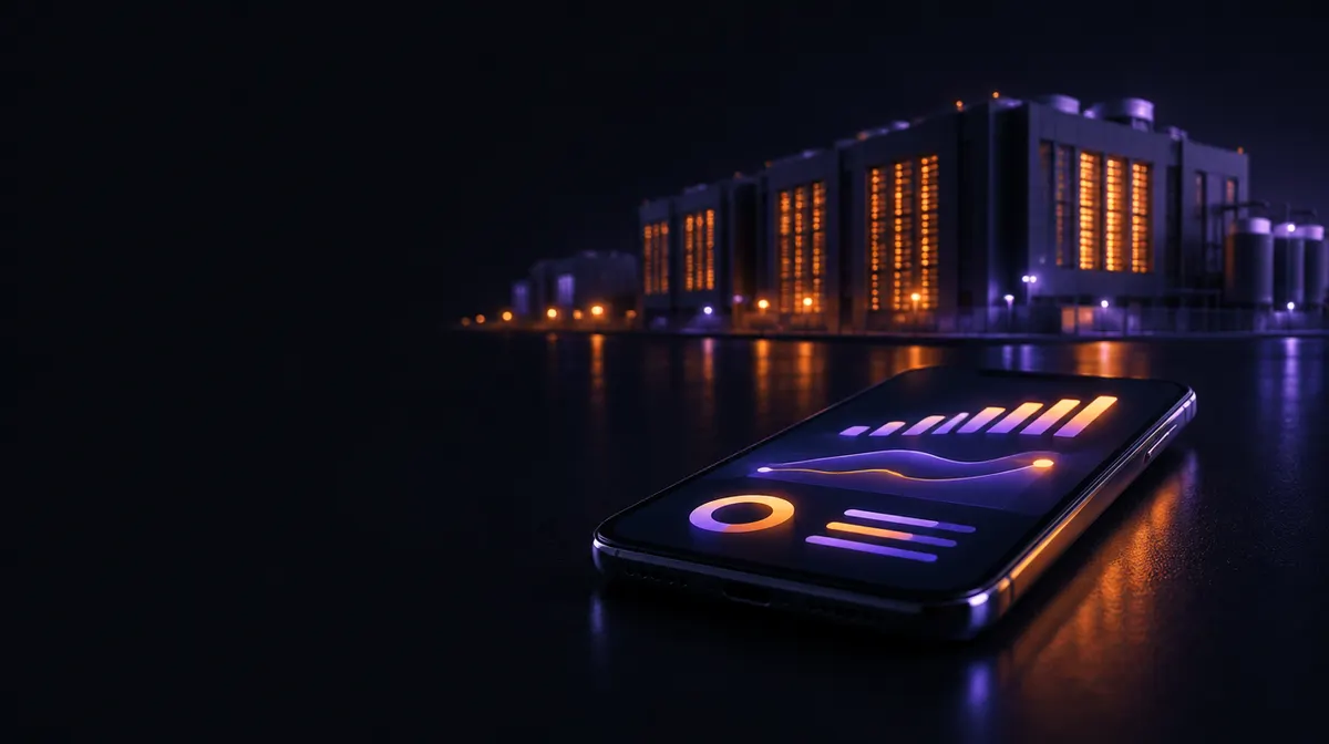 Uno smartphone con un grafico di mining in primo piano e un grande data center illuminato sullo sfondo
