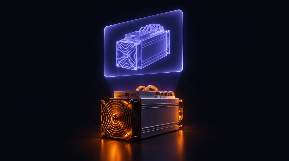 Una carta digitale trasparente con l'ologramma di un miner, sospesa sopra un vero miner ASIC
