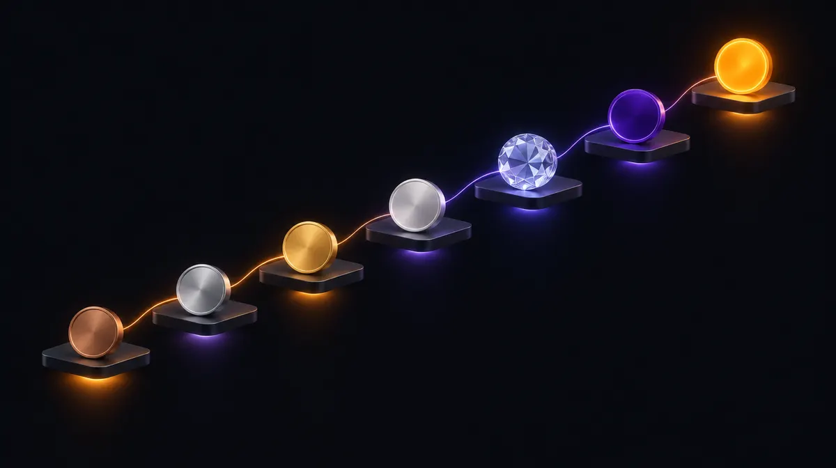 Una scala di piattaforme sospese con medaglie di materiali diversi, dal bronzo a una medaglia arancione luminosa in cima