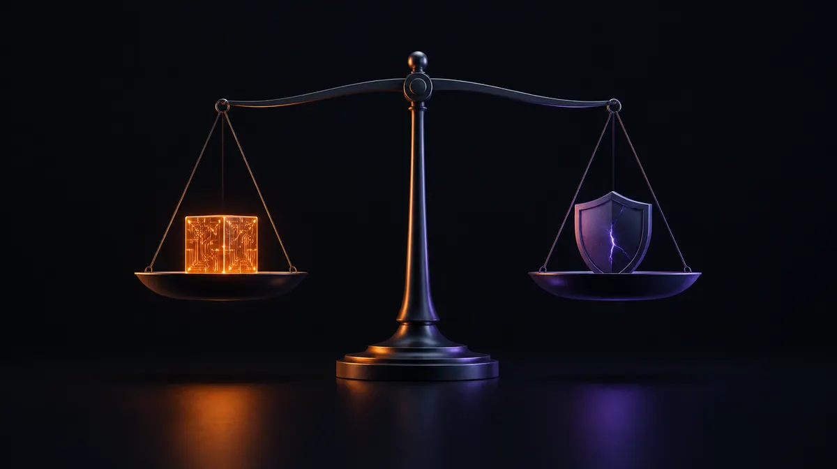Una bilancia con un cubo arancione luminoso su un piatto e uno scudo viola incrinato sull'altro