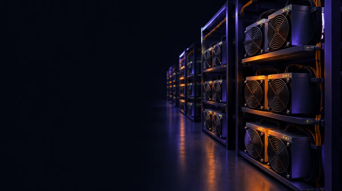 Corridoio di un data center con file di miner ASIC per il mining di Bitcoin, illuminati da luci arancioni e viola