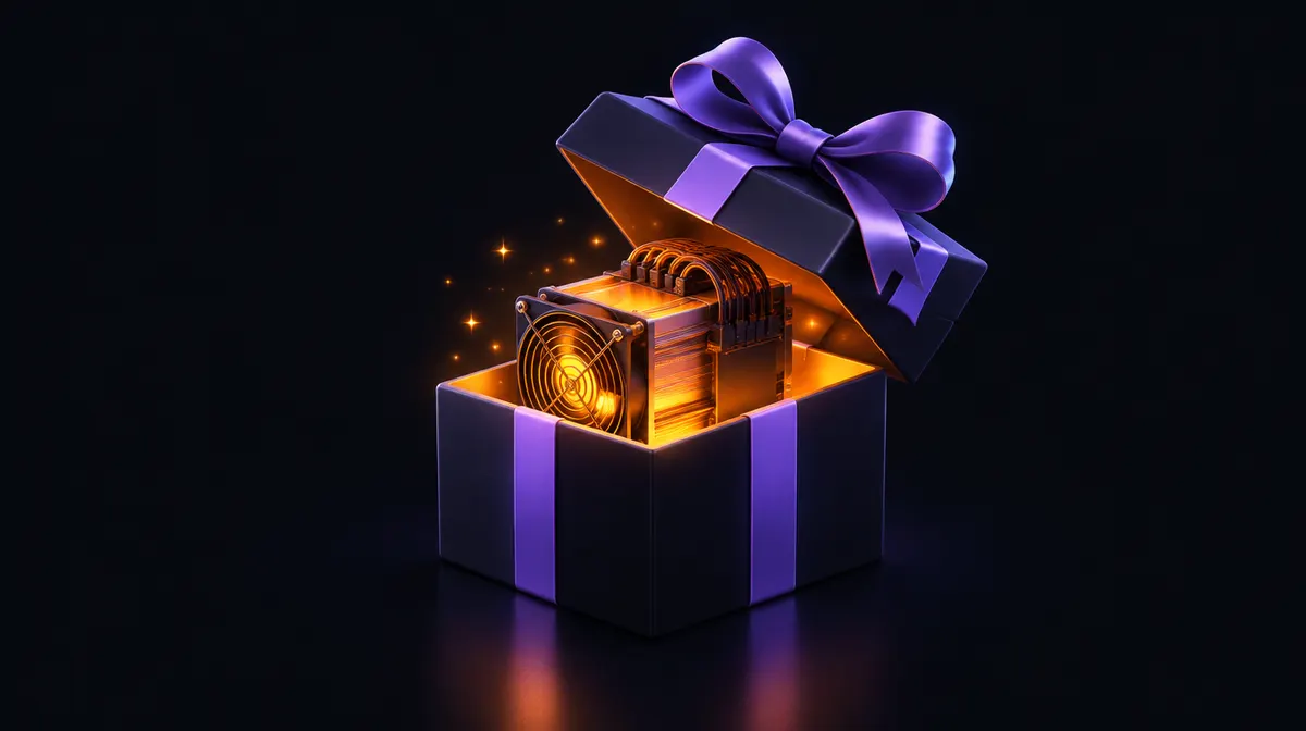 Una scatola regalo aperta con un nastro viola, con dentro un piccolo miner ASIC luminoso
