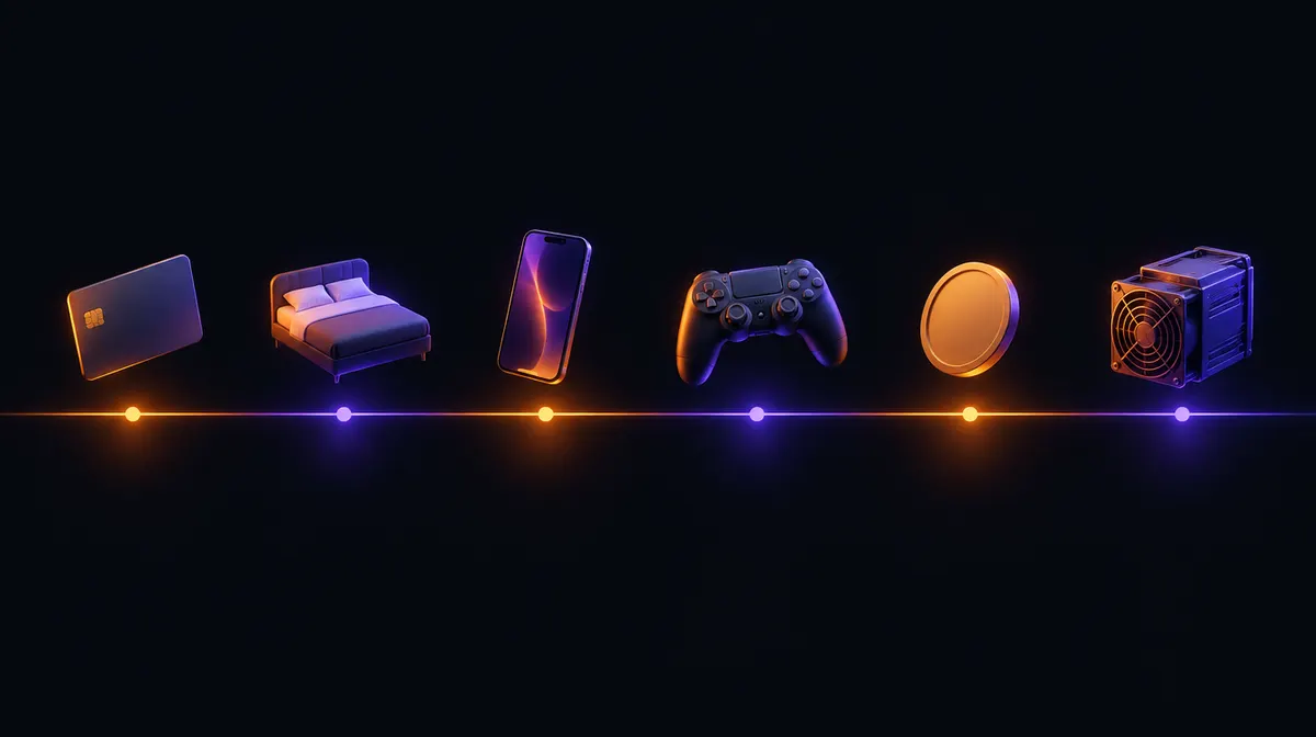 Una linea del tempo luminosa con oggetti sospesi: una carta, un letto d'albergo, uno smartphone, un controller, una moneta e un miner