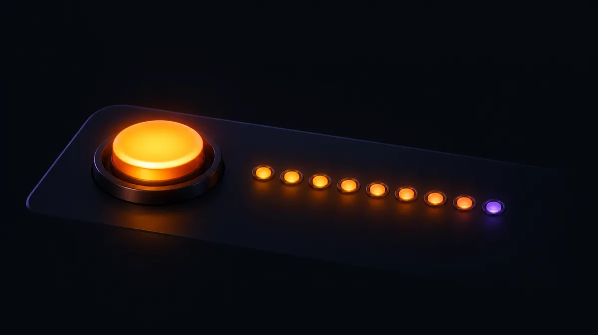 Un grande pulsante rotondo luminoso su una console scura, accanto a una fila di dieci spie quasi tutte accese
