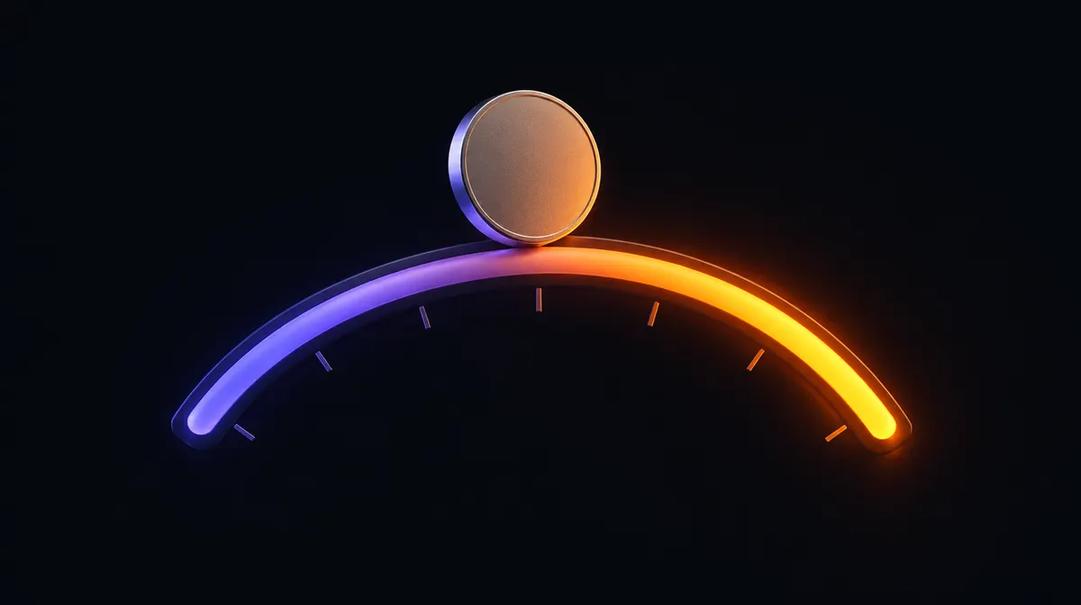 Una moneta senza simboli appoggiata su un indicatore circolare che si riempie dal viola all'arancione
