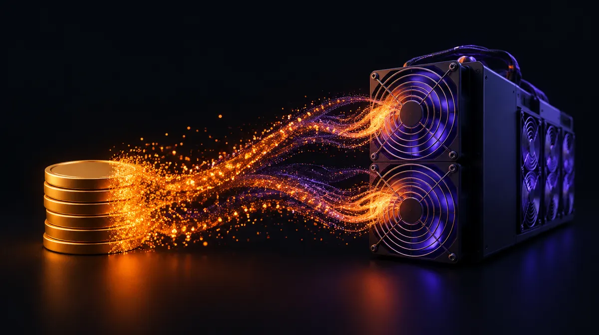 Una pila di monete senza simboli che si trasforma in particelle arancioni dirette verso le ventole di un miner ASIC