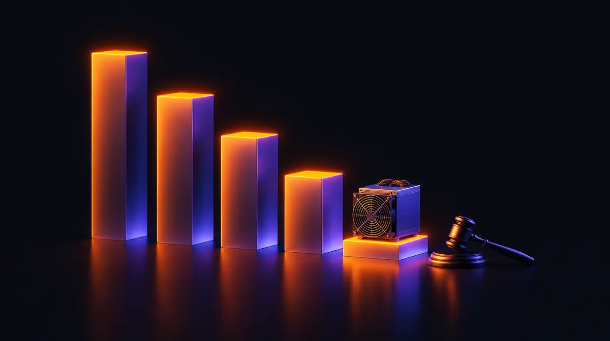 Barre luminose che scendono come una scala, con un piccolo miner sul gradino più basso e un martelletto da asta