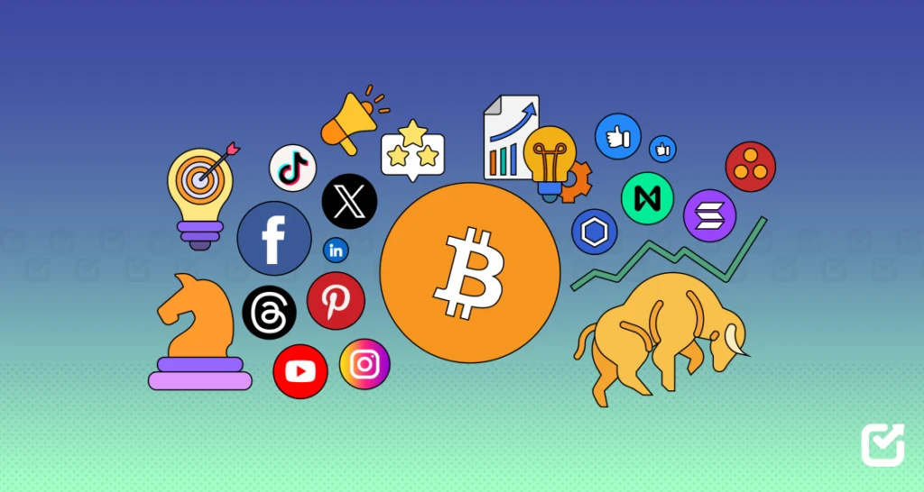 Illustrazione del Programma Bounty: il simbolo di Bitcoin circondato dalle icone dei social network