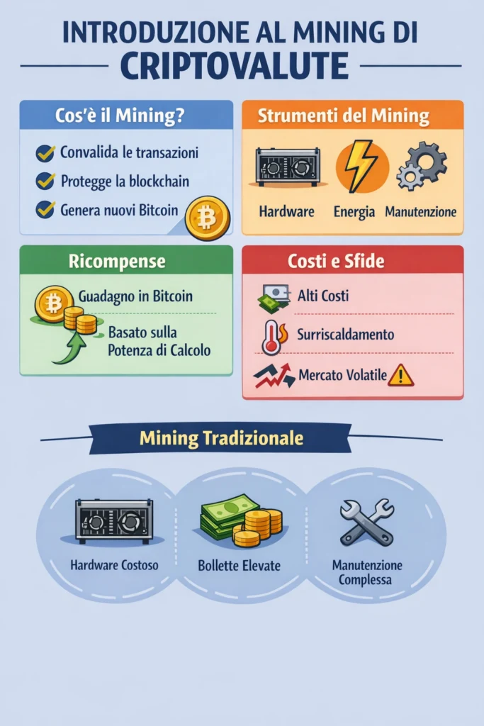 Infografica: introduzione al mining di criptovalute, con strumenti, ricompense, costi e differenze dal mining tradizionale